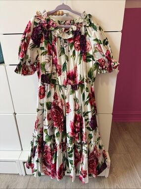 Dolce & GabbanaFloral Ruffled Midi Girls Dress in Cream with Roses
